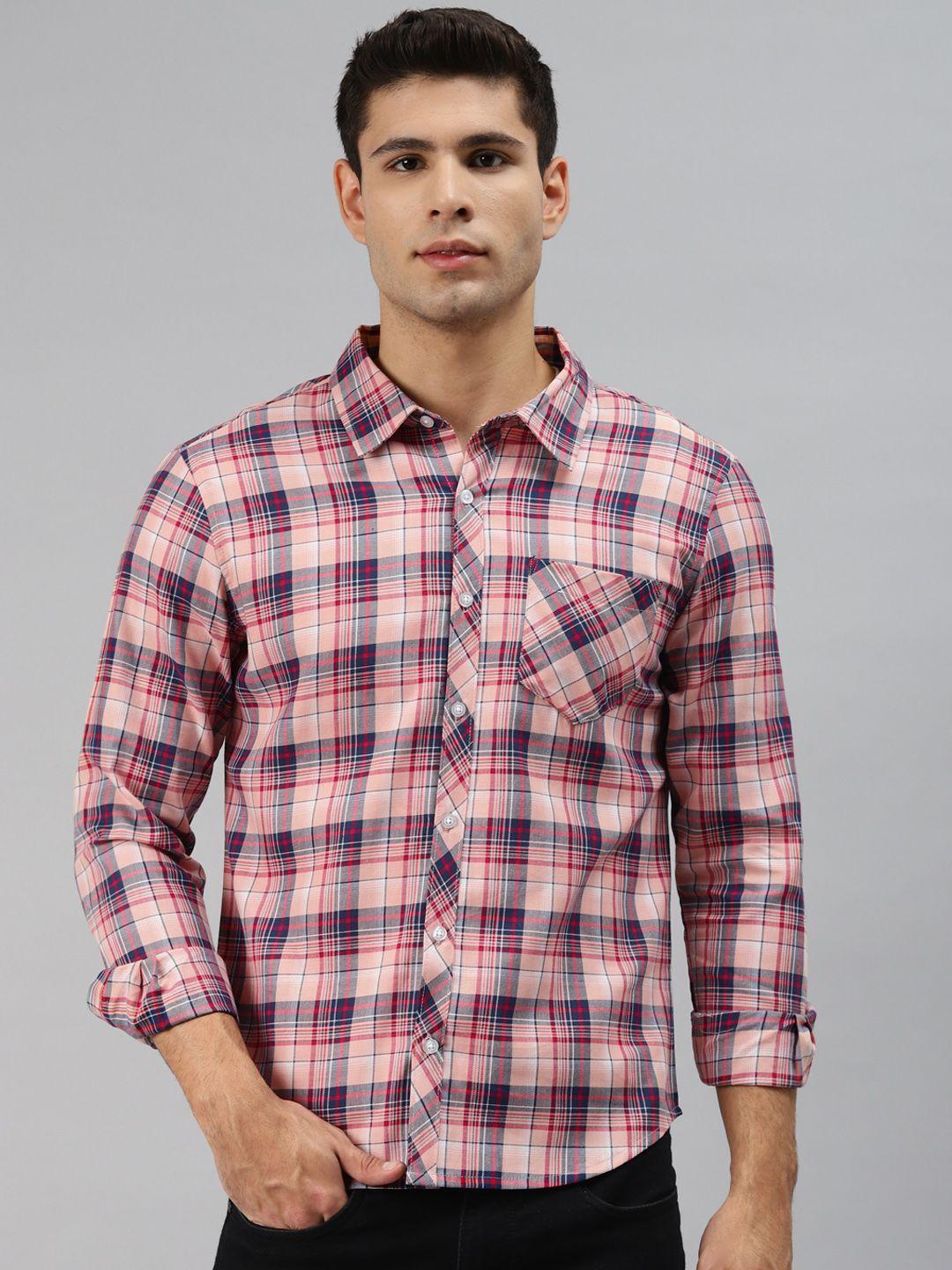 hubberholme men pink opaque checked casual shirt