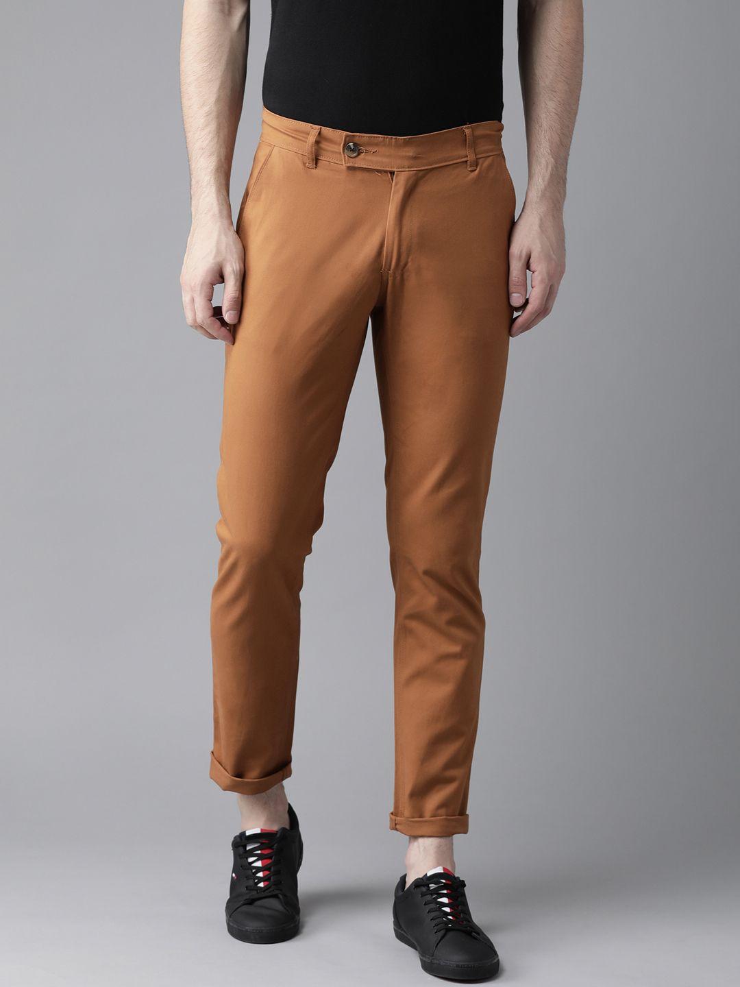 hubberholme men rust brown slim fit solid chinos