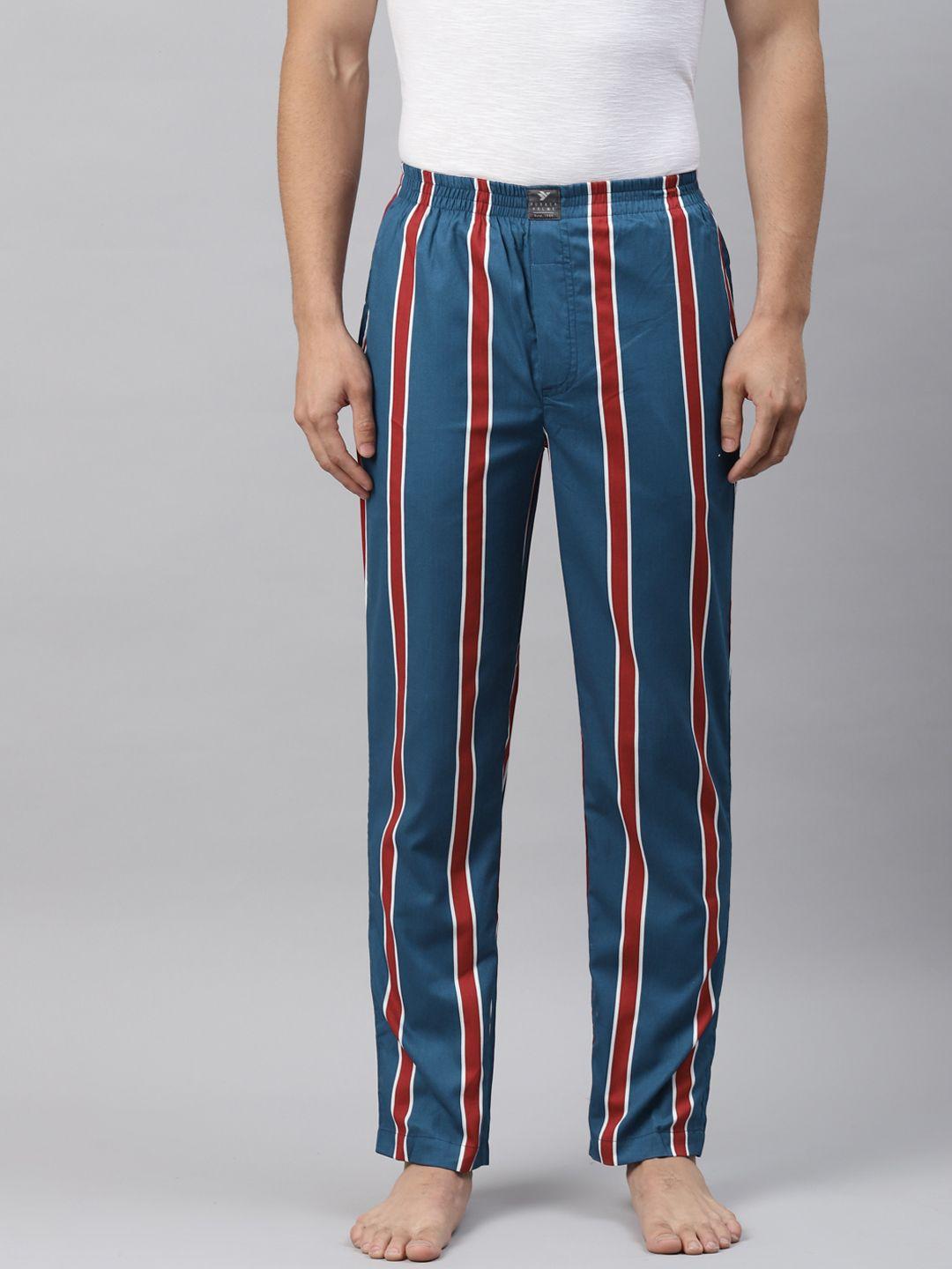 hubberholme men teal blue & red striped pure cotton lounge pants