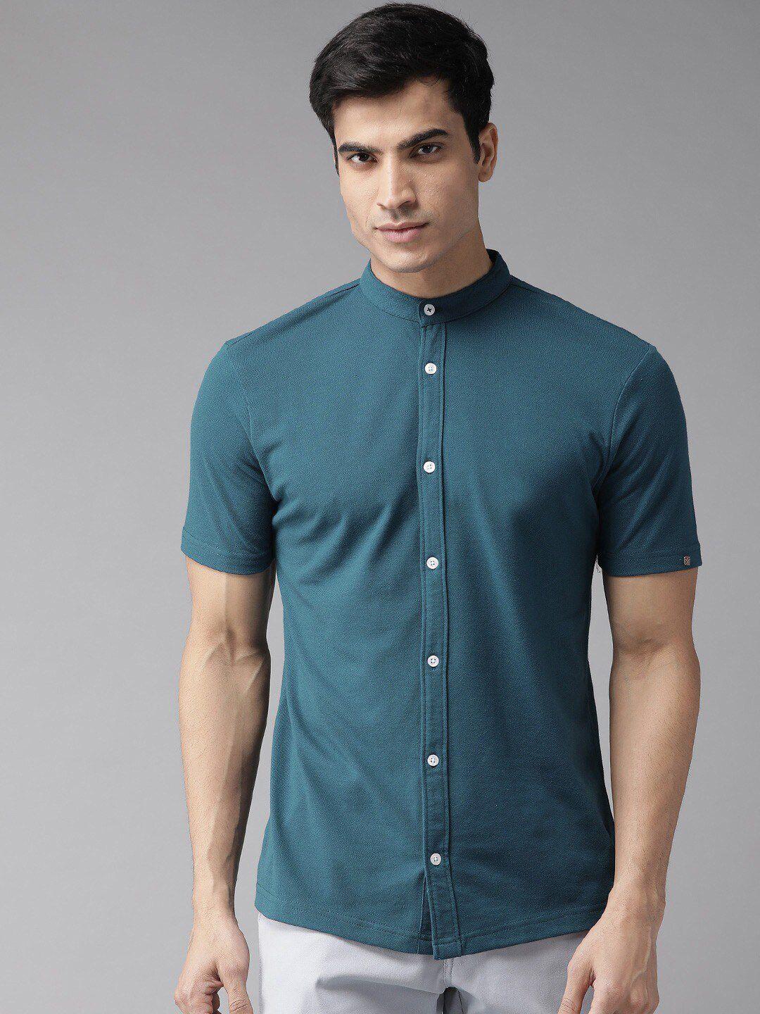 hubberholme men teal blur pure cotton contemporary casual shirt