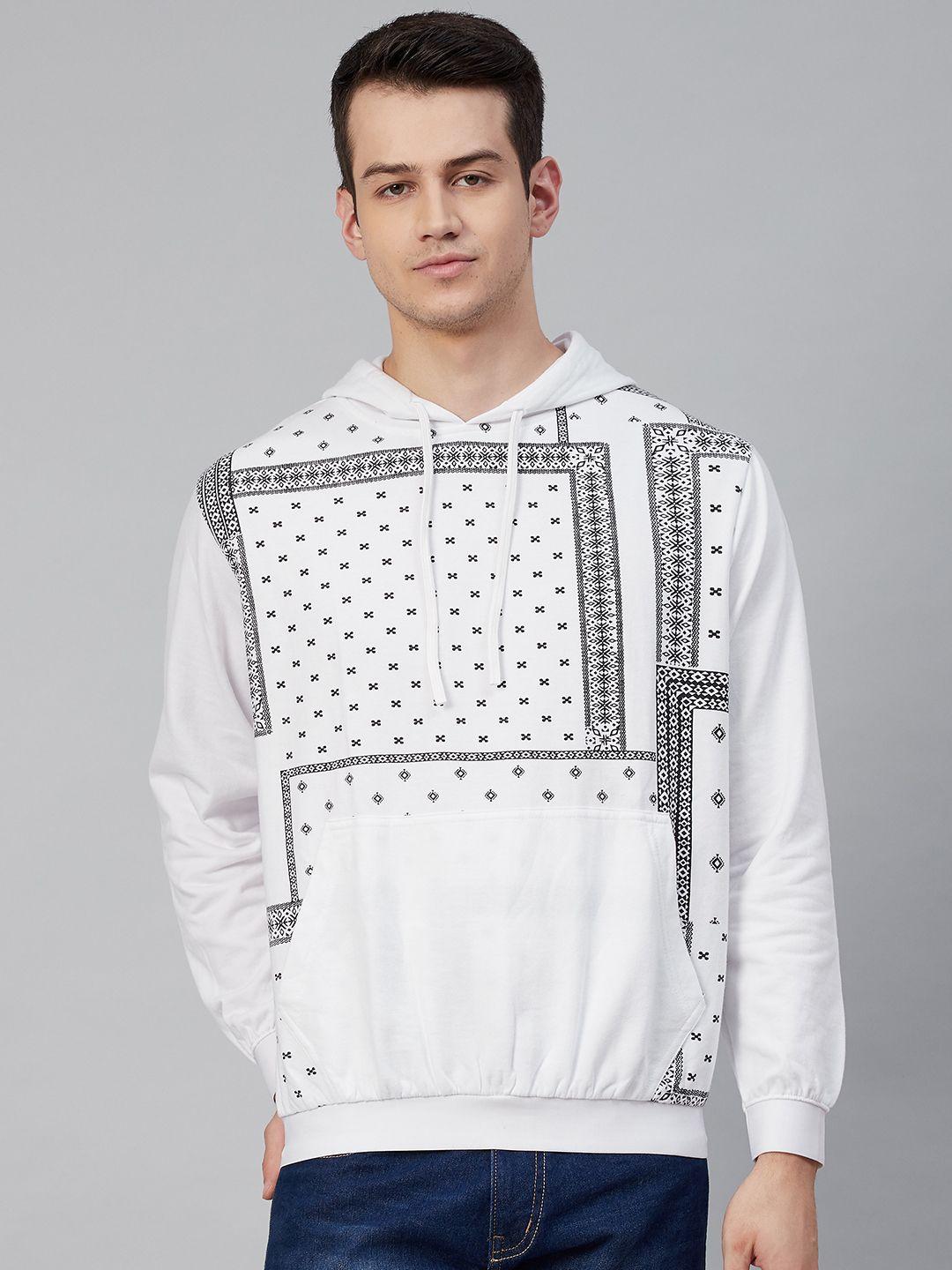 hubberholme men white & black printed cotton hooded sweatshirt