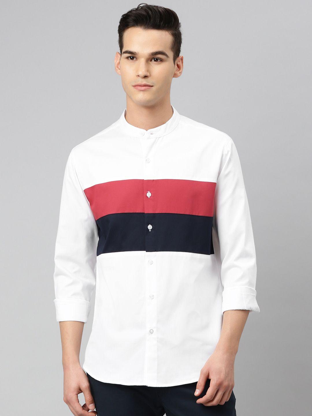 hubberholme men white & red pure cotton colourblocked casual shirt