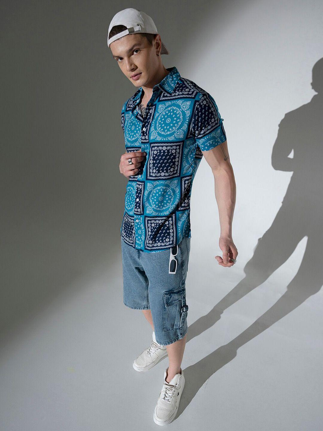 hubberholme oversized ethnic motifs printed spread collar short sleeve casual shirt