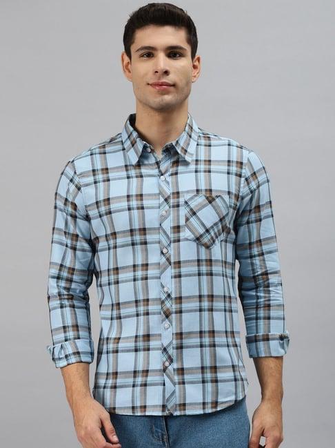 hubberholme sky blue cotton regular fit checks shirts