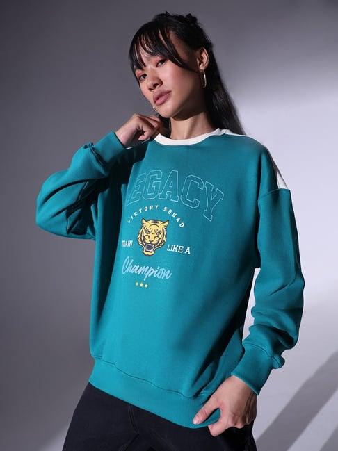 hubberholme teal cotton graphic print sweatshirt