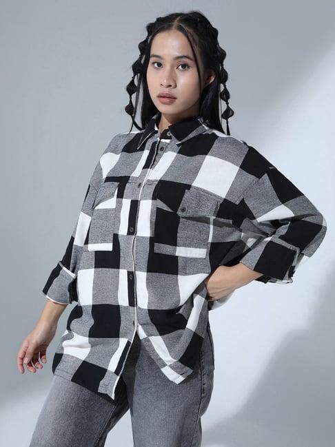 hubberholme white & black cotton checks oversized shirt