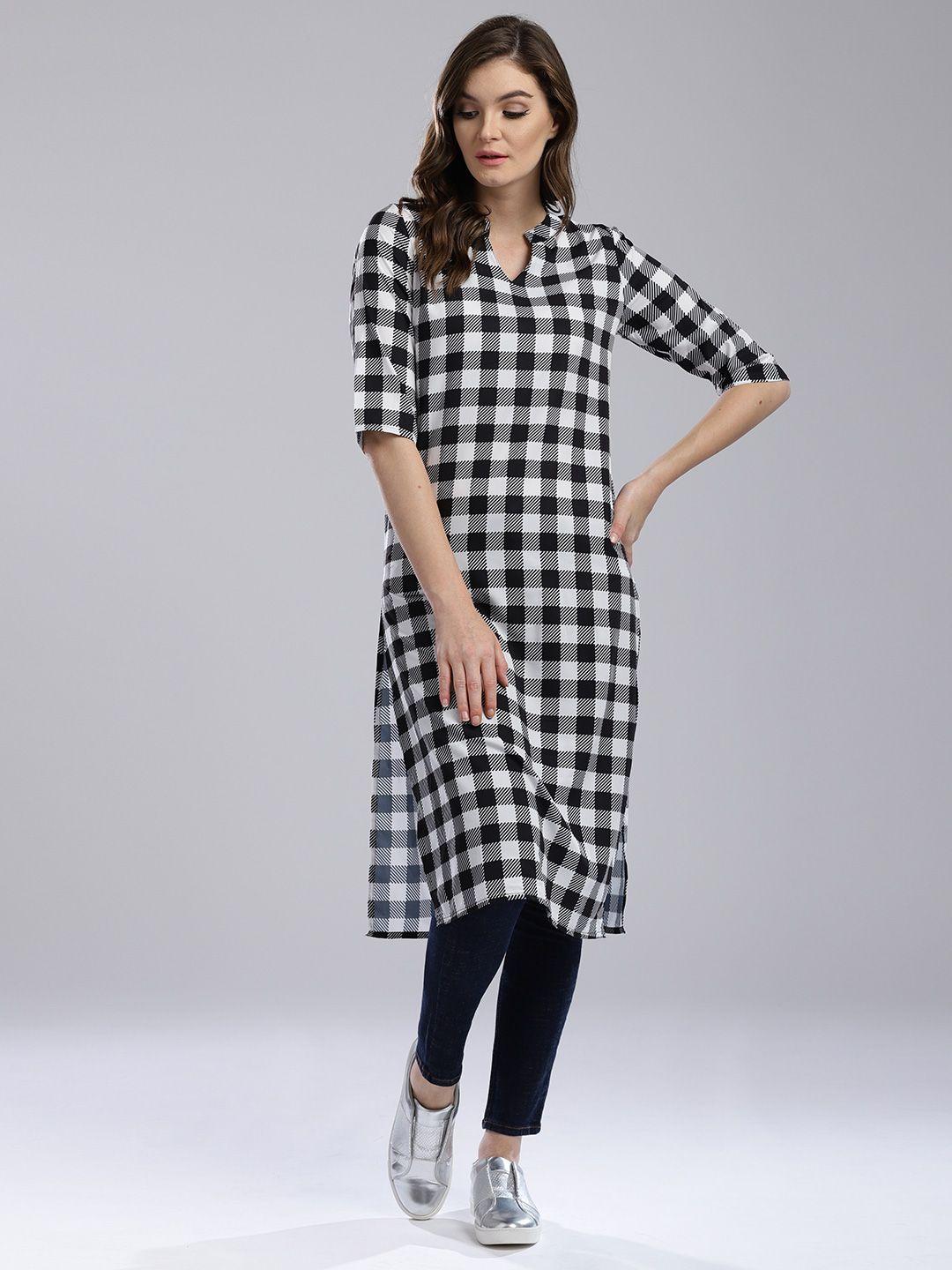 hubberholme women black & white checked straight kurta