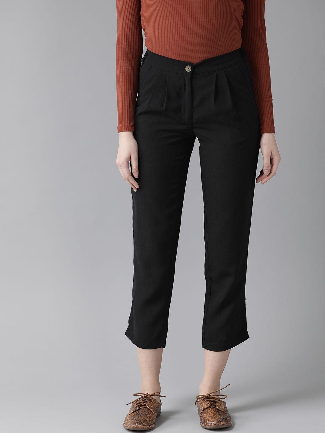 hubberholme women black slim fit solid cropped regular trousers