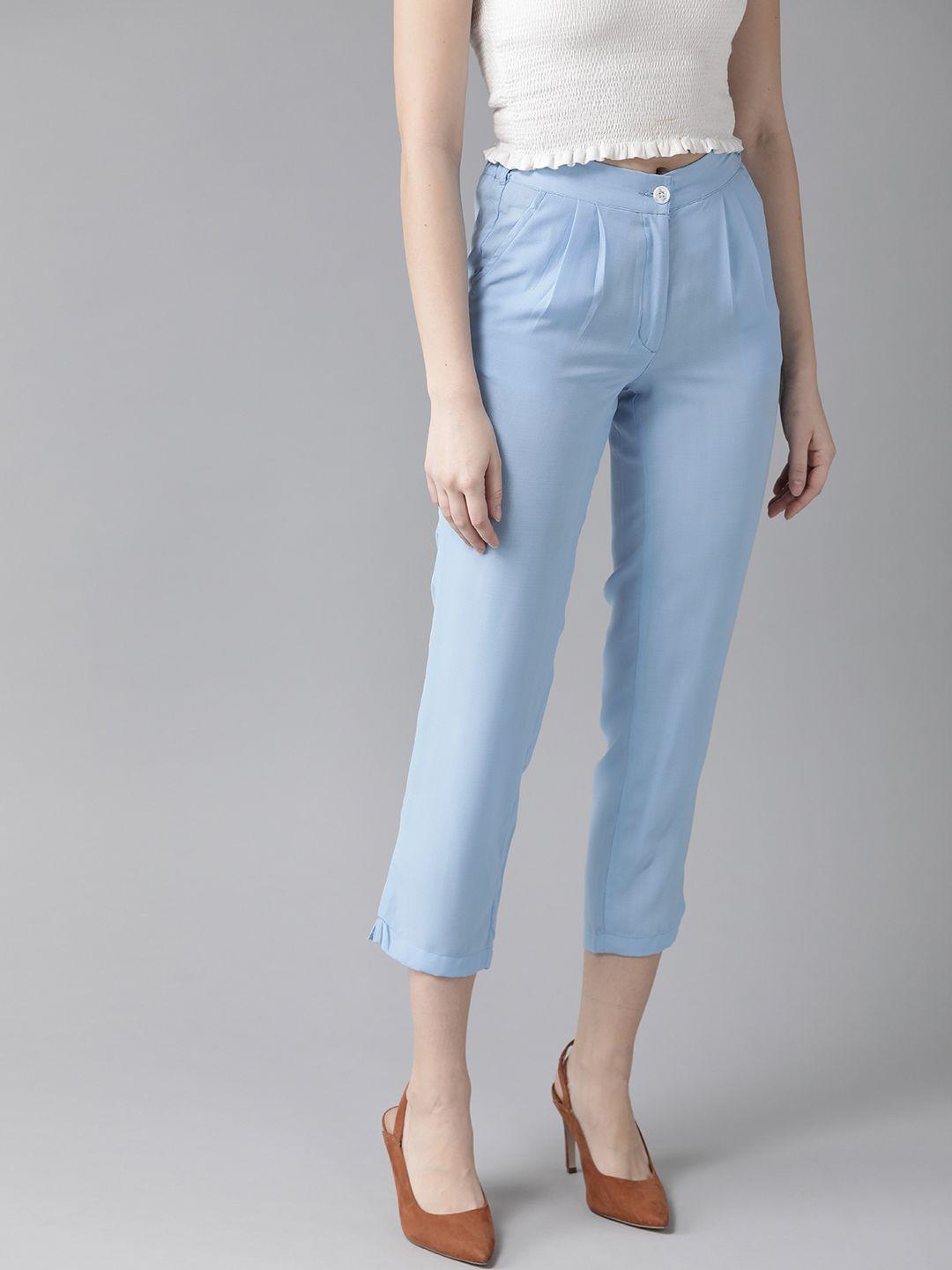 hubberholme women blue slim fit solid cropped regular trousers