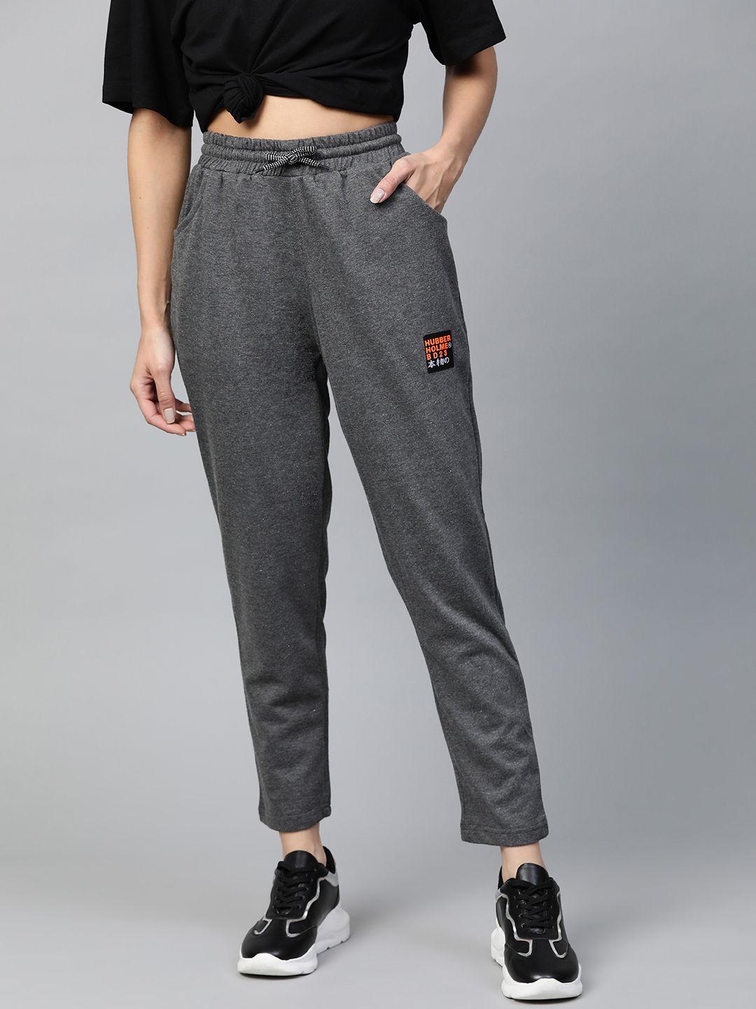 hubberholme women charcoal grey slim fit solid cropped track pants