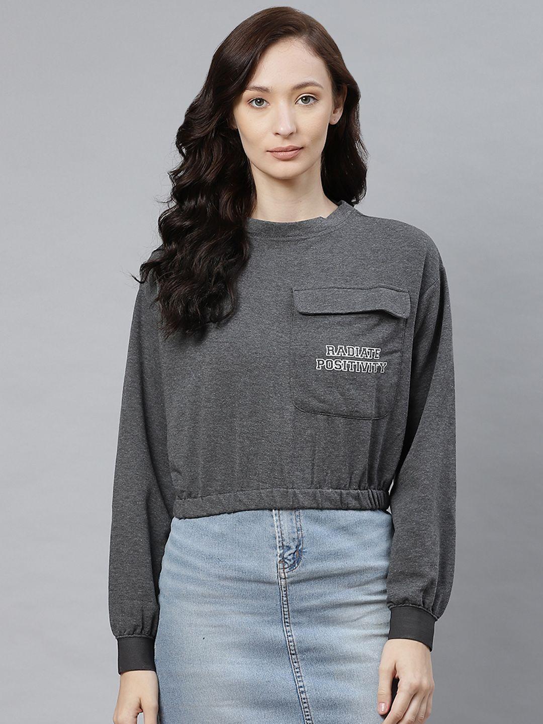 hubberholme women charcoal grey solid box pocket sweatshirt