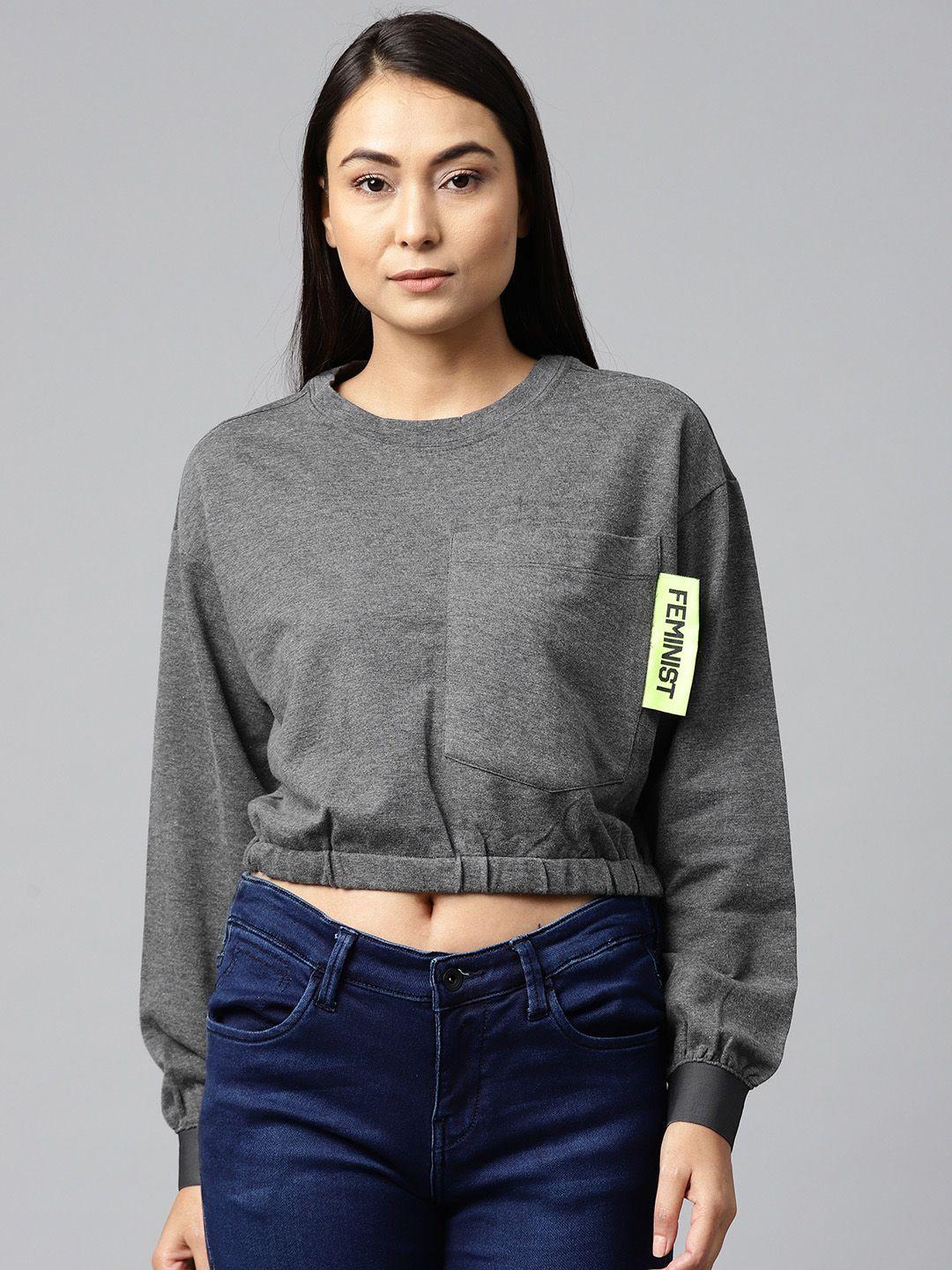 hubberholme women charcoal grey solid cropped box pocket sweatshirt