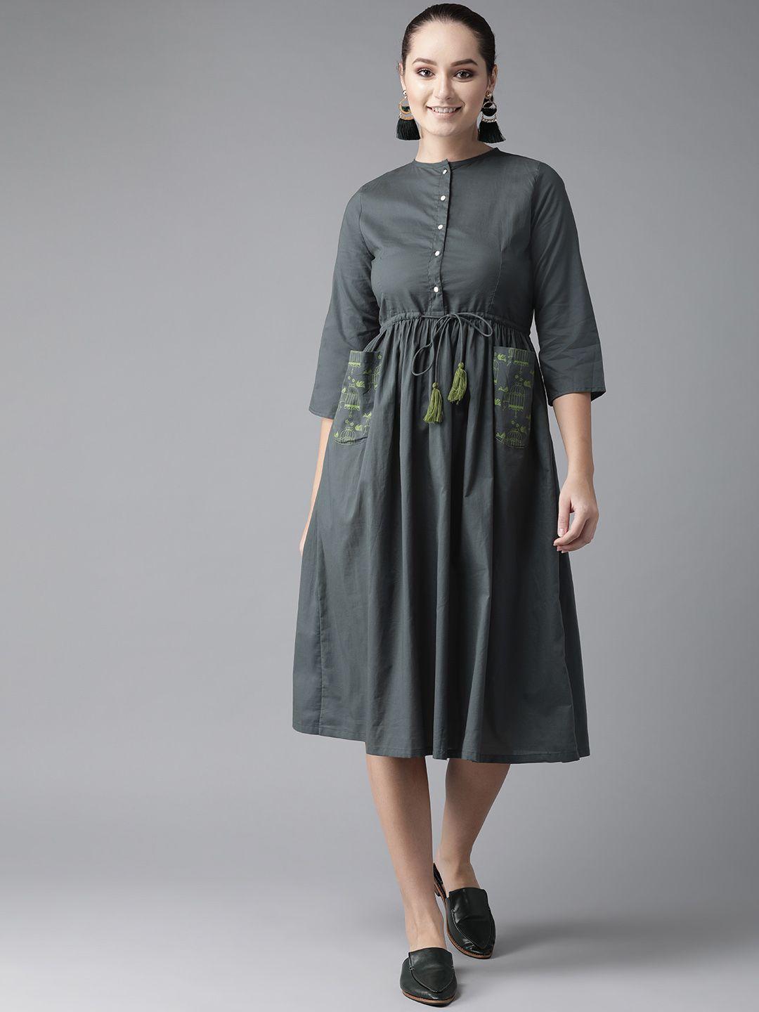 hubberholme women charcoal grey solid midi a-line dress