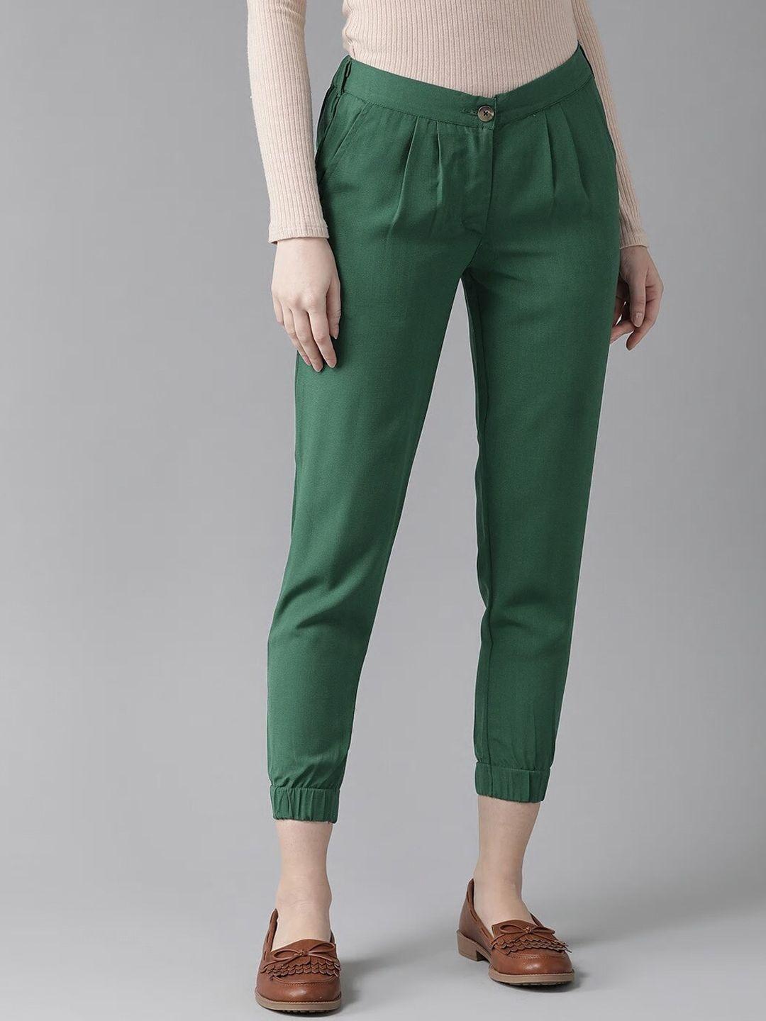 hubberholme women green comfort slim fit easy wash trousers