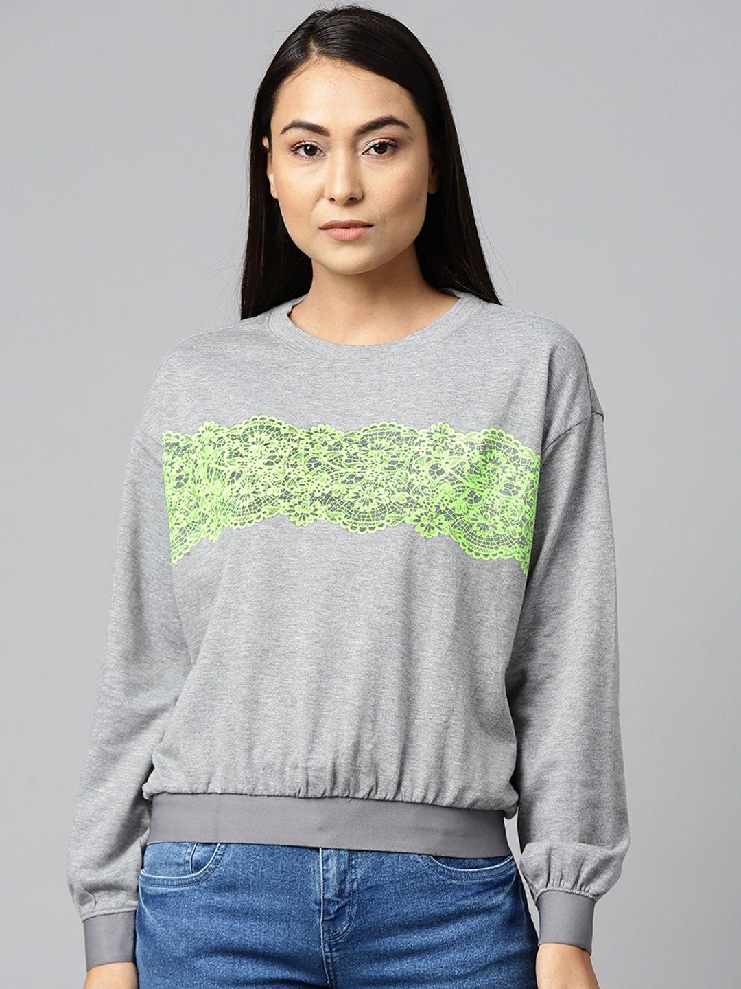 hubberholme women grey melange & fluorescent green printed sweatshirt