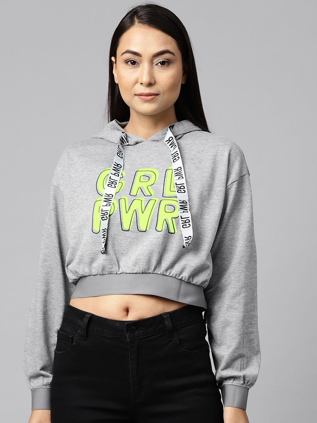 hubberholme women grey melange & lime green printed cropped hooded sweatshirt