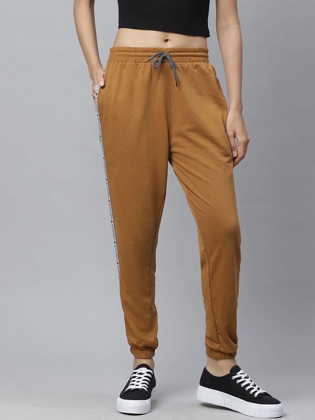 hubberholme women mustard brown slim fit solid joggers