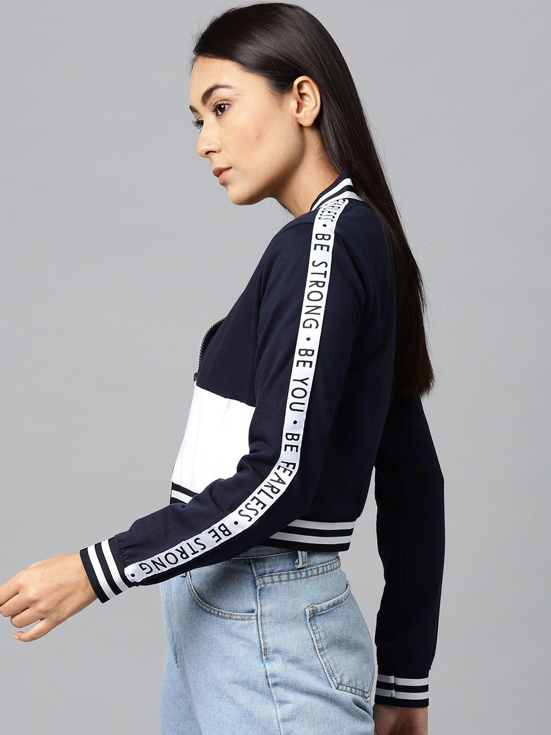 hubberholme women navy blue & white colourblocked cropped sweatshirt