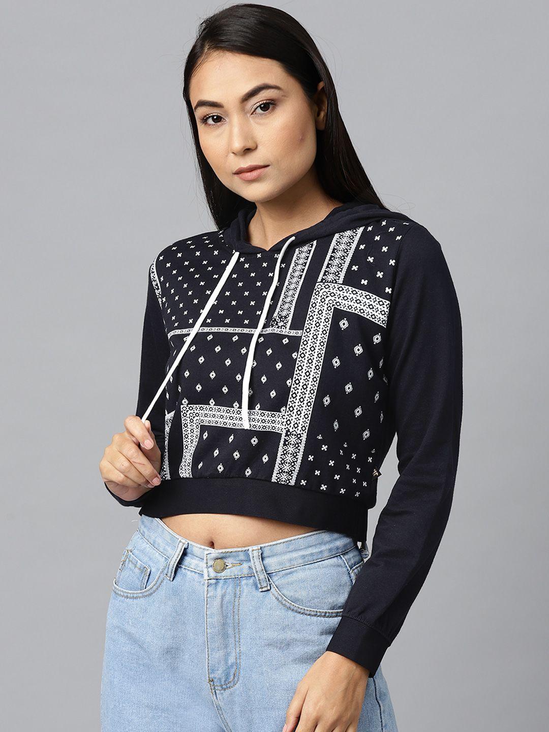 hubberholme women navy blue & white printed hooded cropped sweatshirt