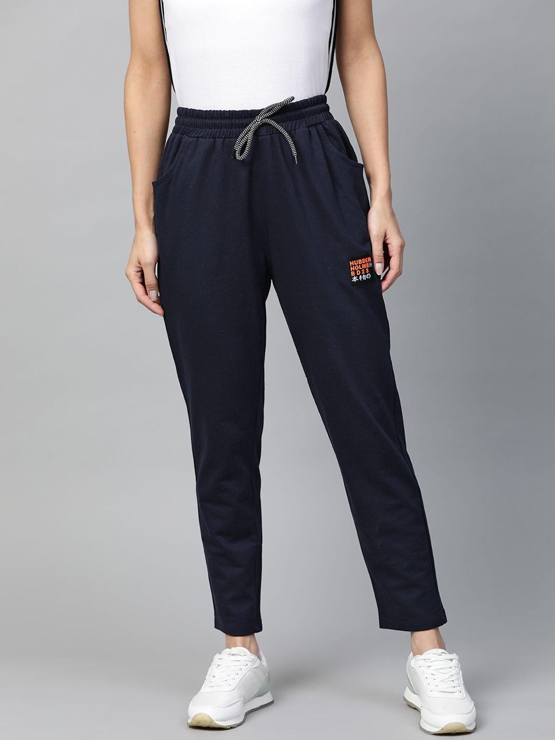 hubberholme women navy blue slim fit solid cropped track pants