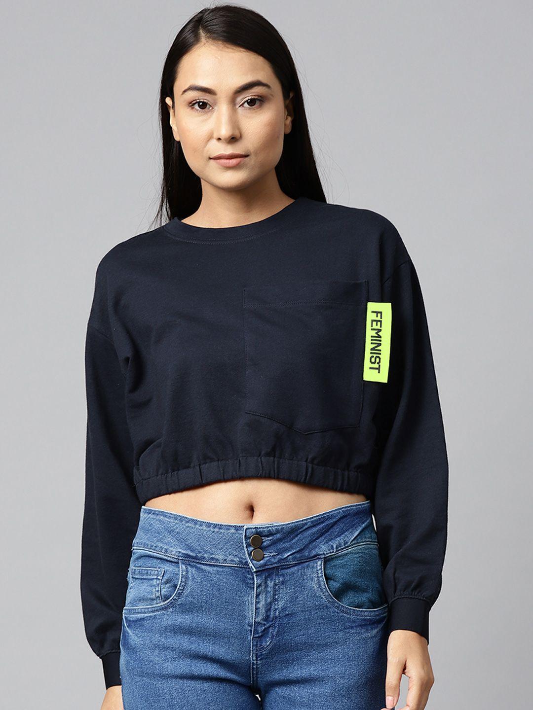 hubberholme women navy blue solid cropped box pocket sweatshirt