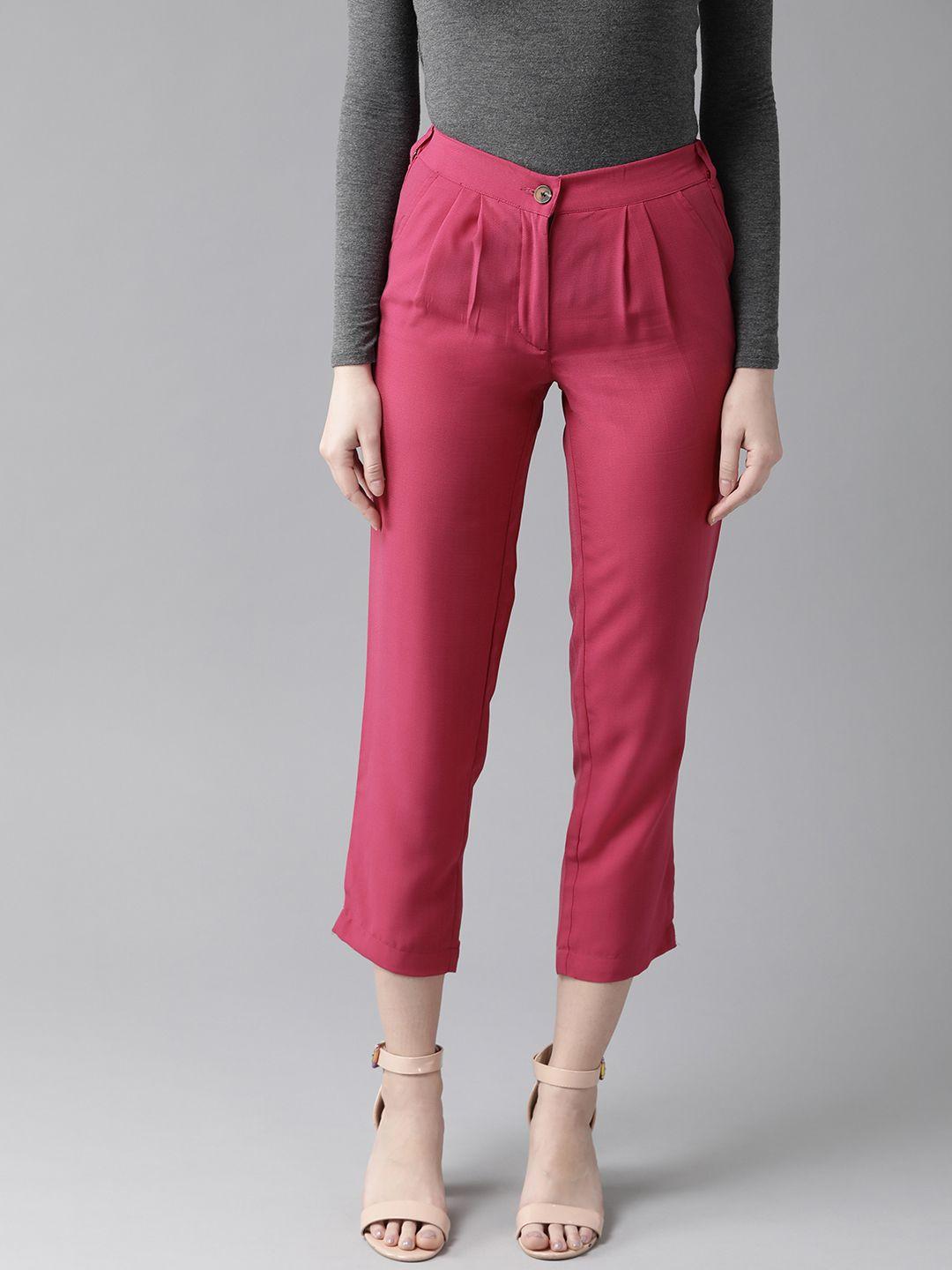hubberholme women pink slim fit solid cropped regular trousers