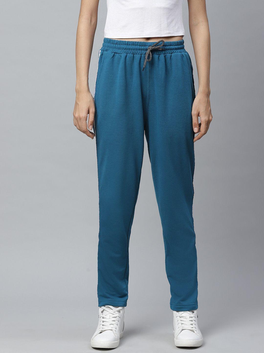 hubberholme women teal blue slim fit solid track pants