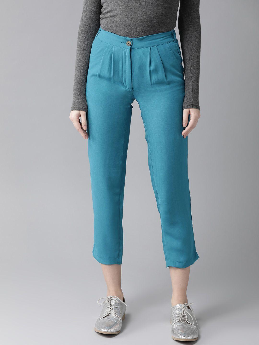 hubberholme women turquoise blue slim fit solid cropped regular trousers