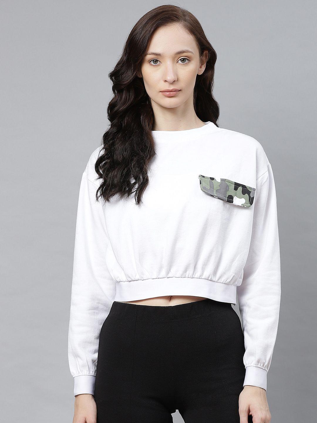 hubberholme women white solid cropped sweatshirt