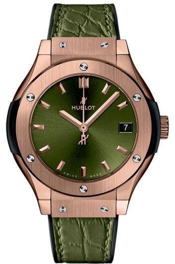 hublot classic fusion green dial quartz watch with leather strap for women - 581.ox.8980.lr