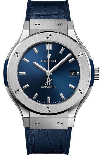 hublot classic fusion blue dial automatic watch with leather strap for men - 565.nx.7170.lr