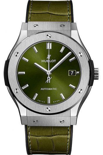 hublot classic fusion green dial automatic watch with rubber & leather strap for men - 511.nx.8970.lr