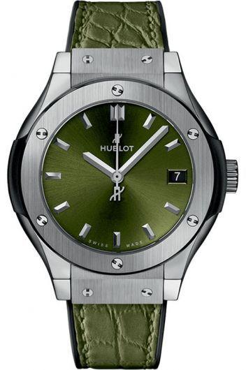 hublot classic fusion green dial quartz watch with rubber & leather strap for women - 581.nx.8970.lr