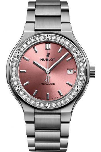 hublot classic fusion pink dial automatic watch with titanium strap for women - 568.nx.891p.nx.1204