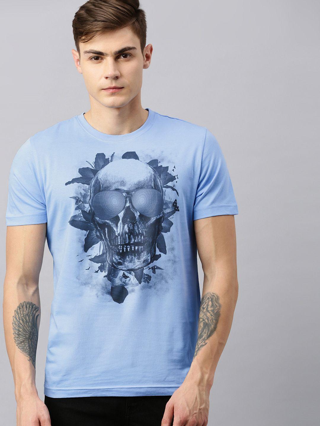 huetrap men blue printed round neck pure cotton t-shirt