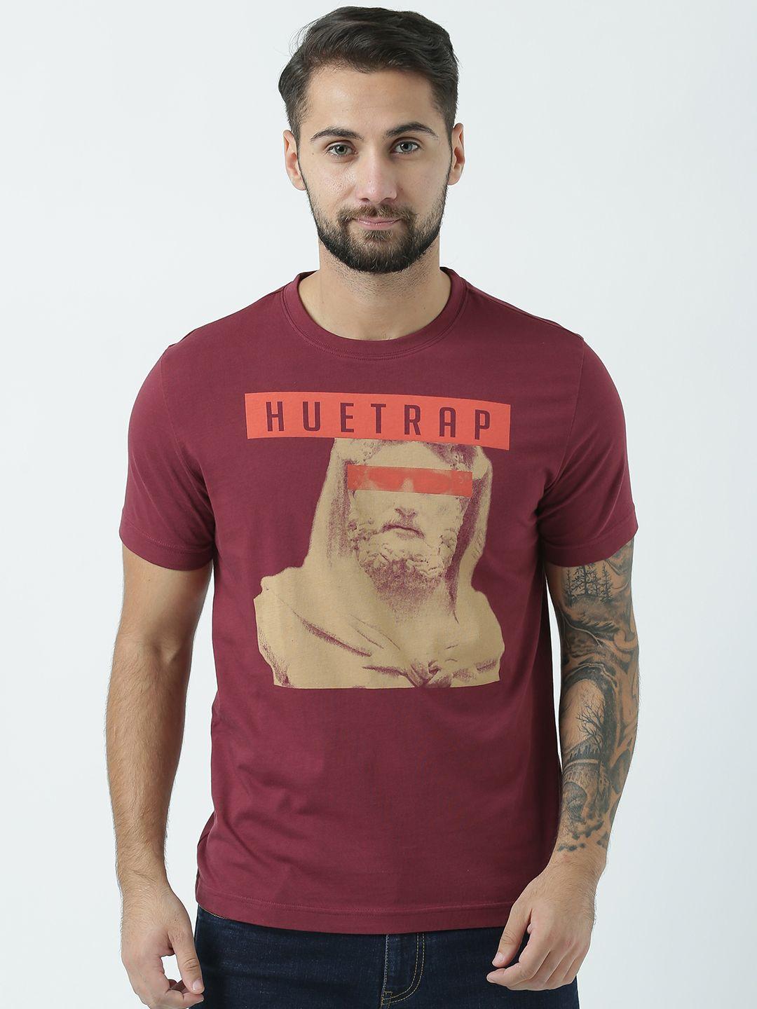 huetrap men maroon printed round neck t-shirt