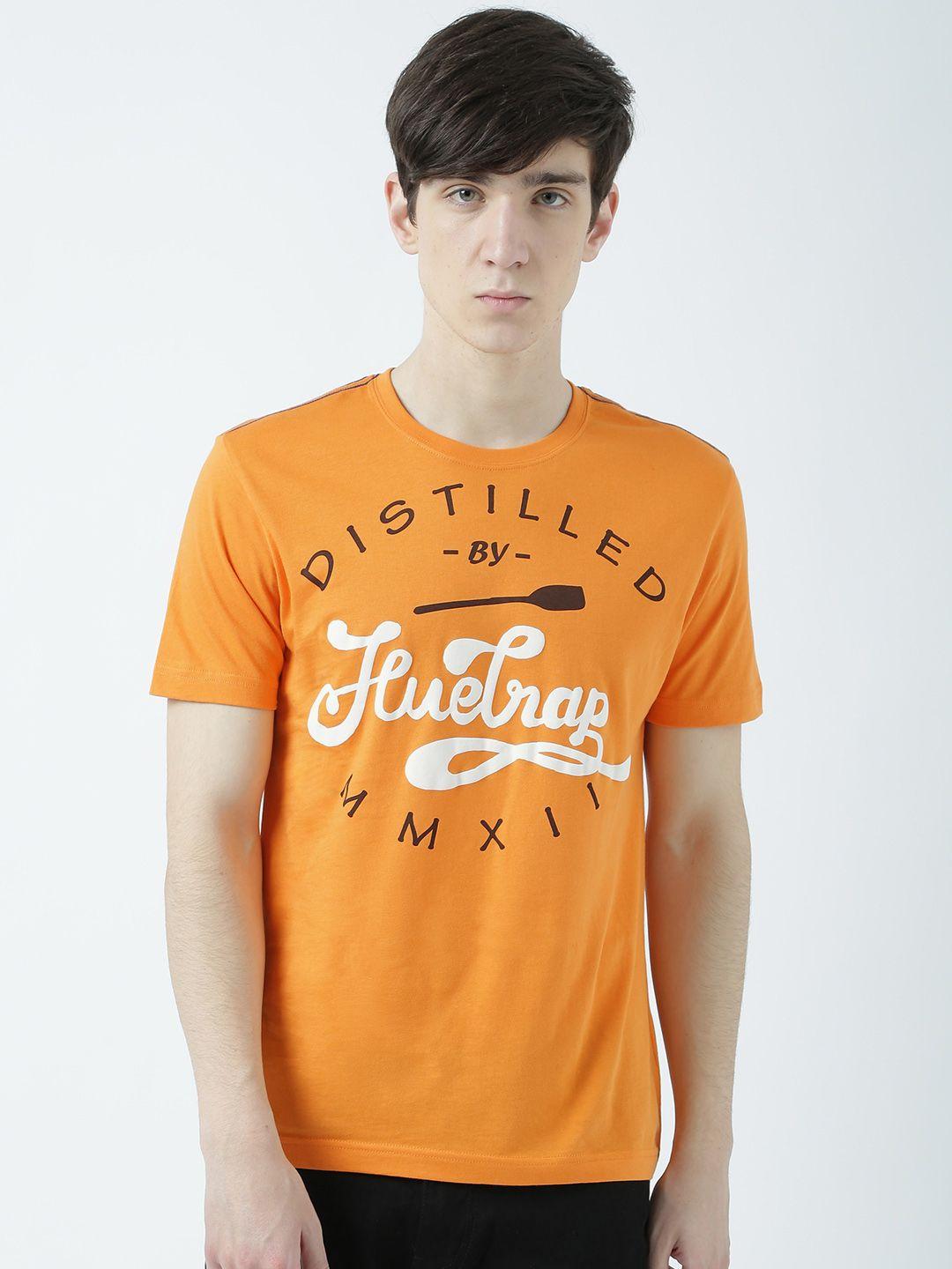 huetrap men orange printed round neck t-shirt