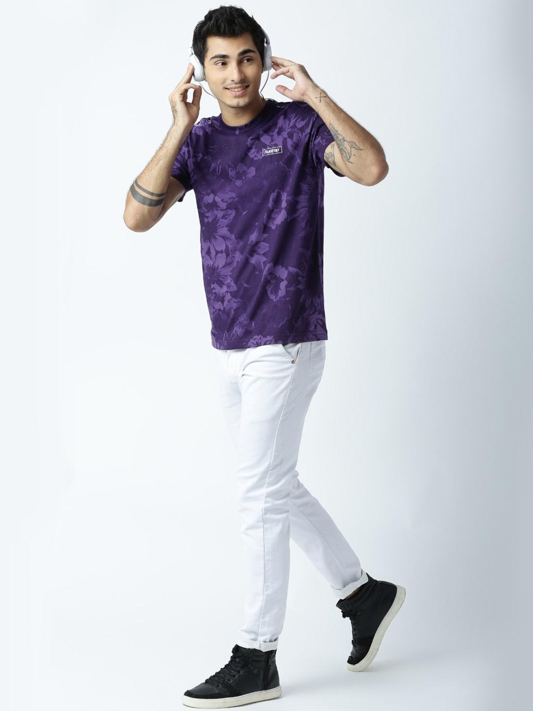 huetrap men purple floral print round neck t-shirt