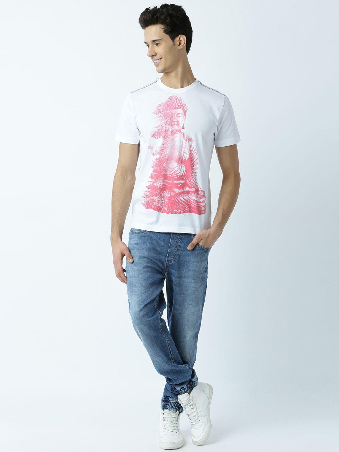 huetrap men white & pink printed t-shirt