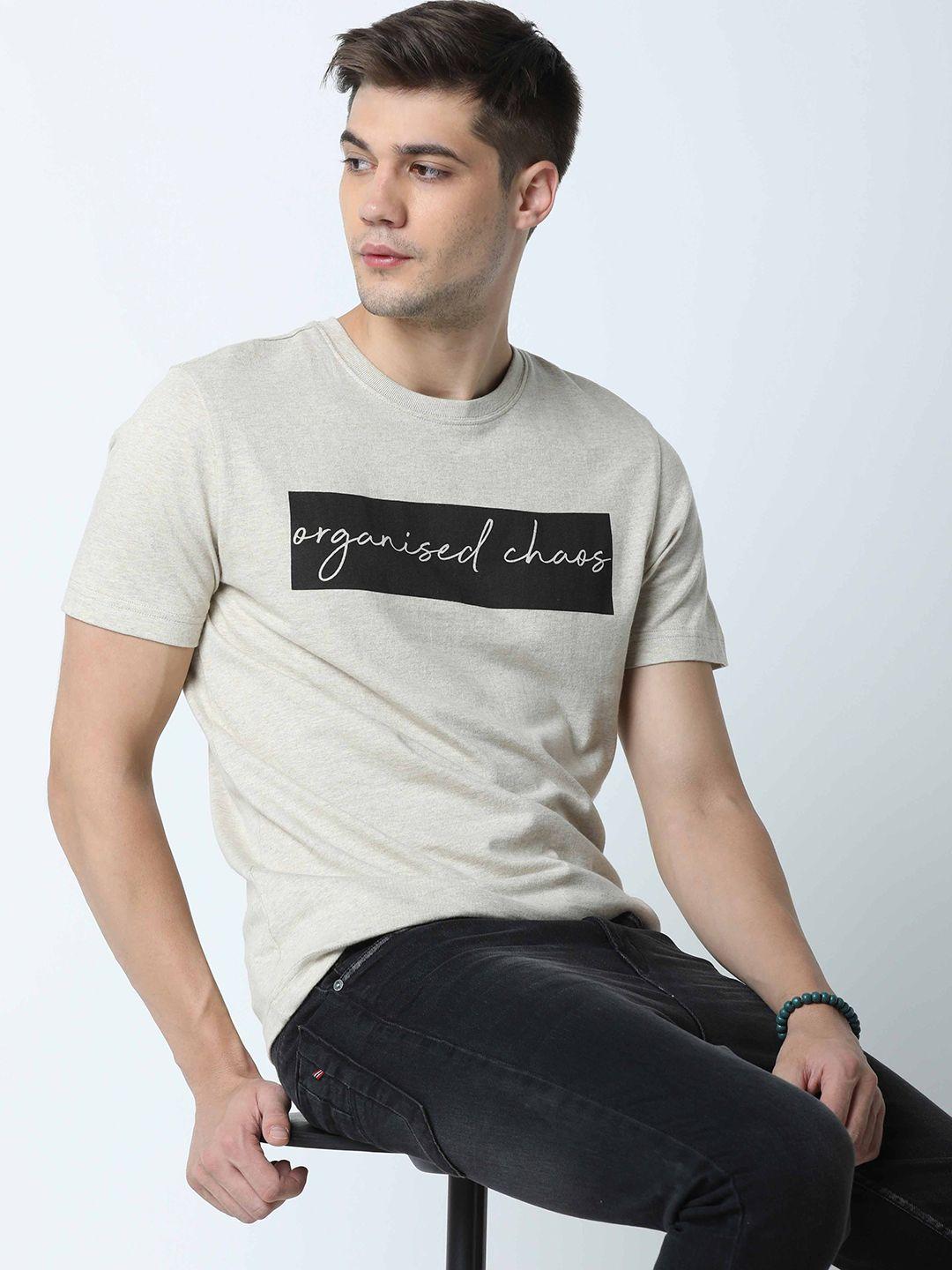 huetrap men beige & black typography printed sustainable t-shirt