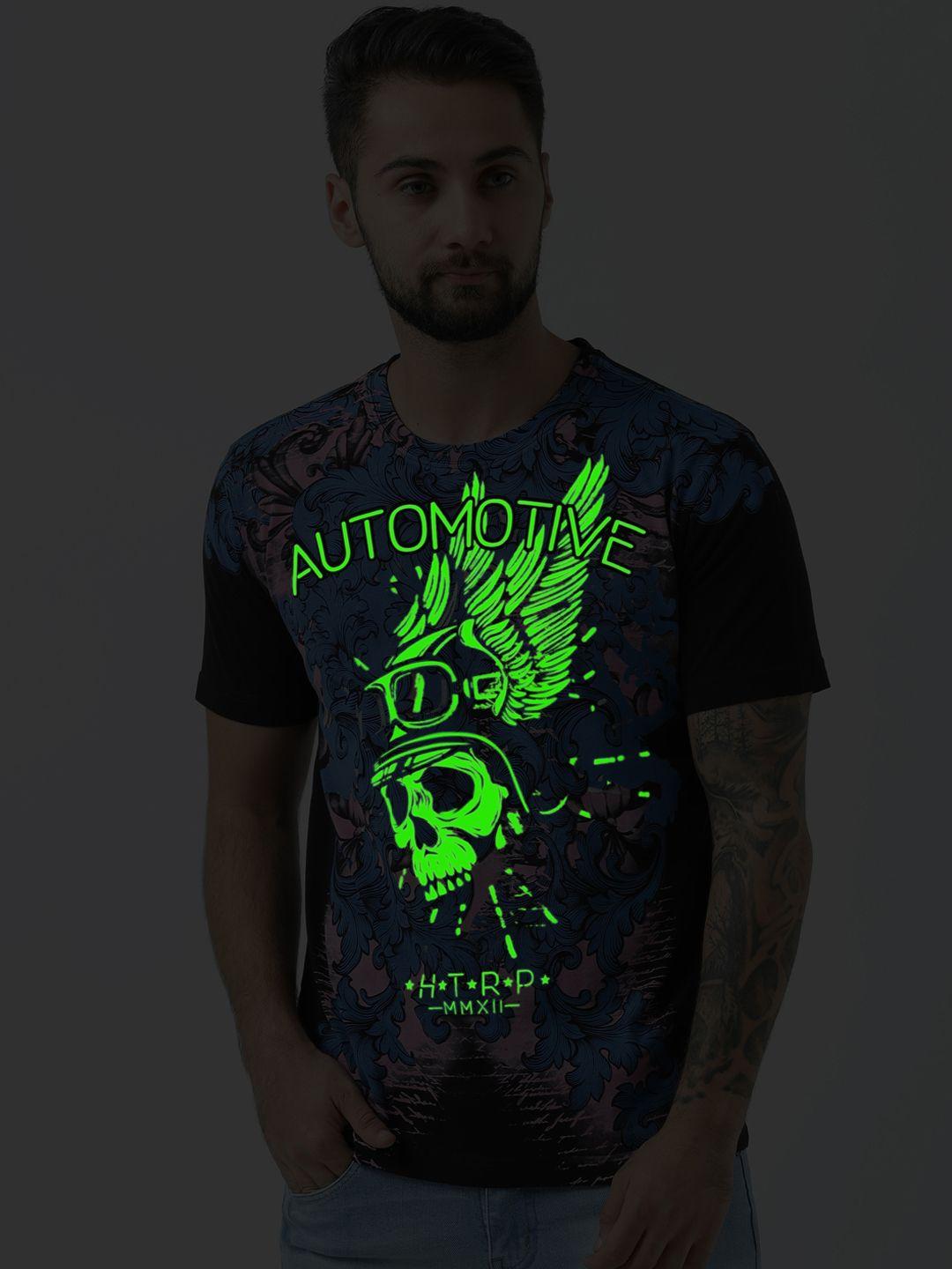 huetrap men black  blue printed round neck glow in the dark pure cotton t-shirt