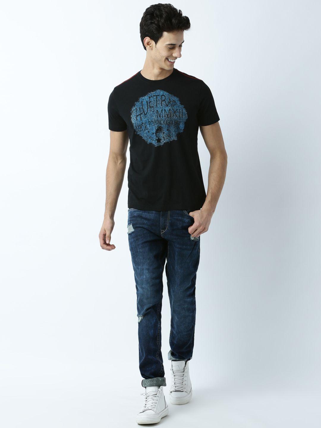 huetrap men black printed round neck t-shirt