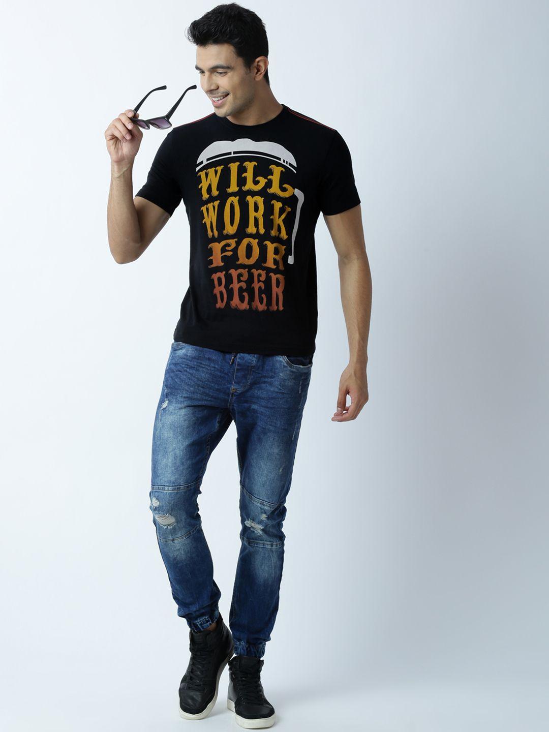 huetrap men black printed round neck t-shirt