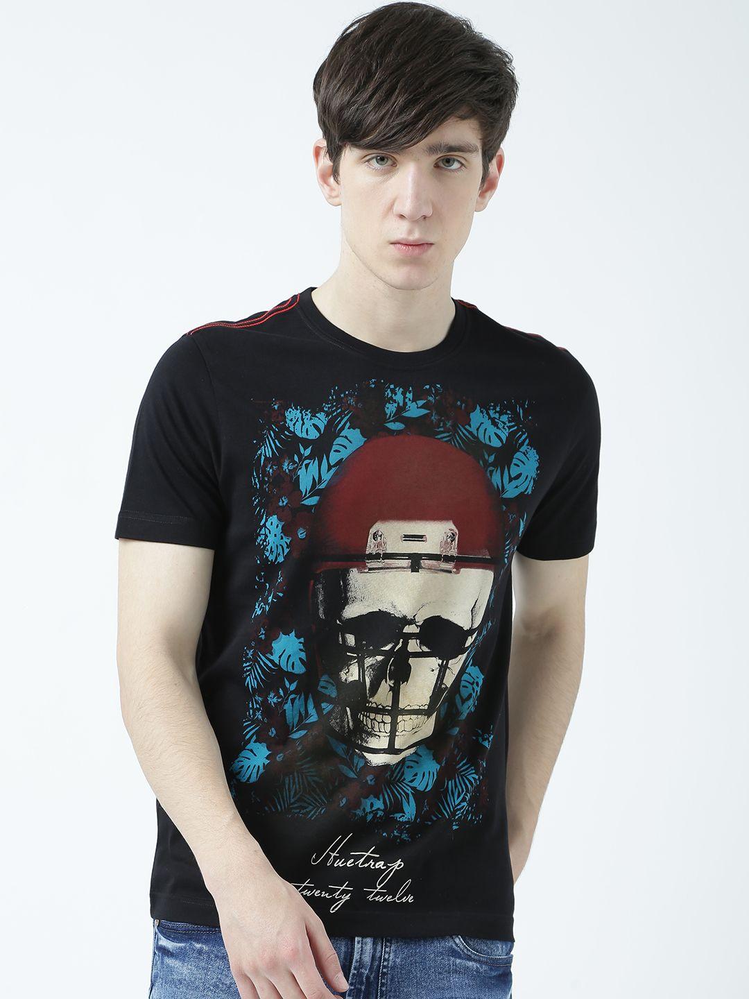 huetrap men black printed round neck t-shirt