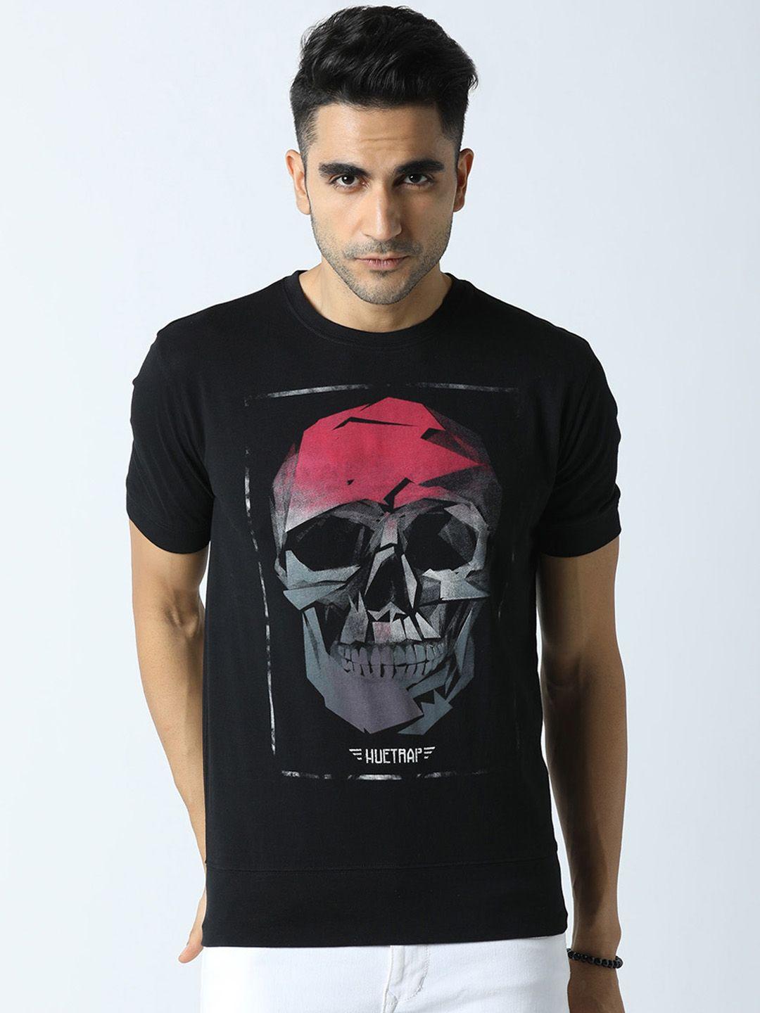 huetrap men black printed round neck t-shirt