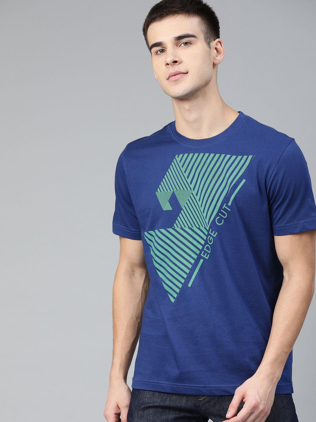 huetrap men blue geometric printed regular fit round neck pure cotton t-shirt