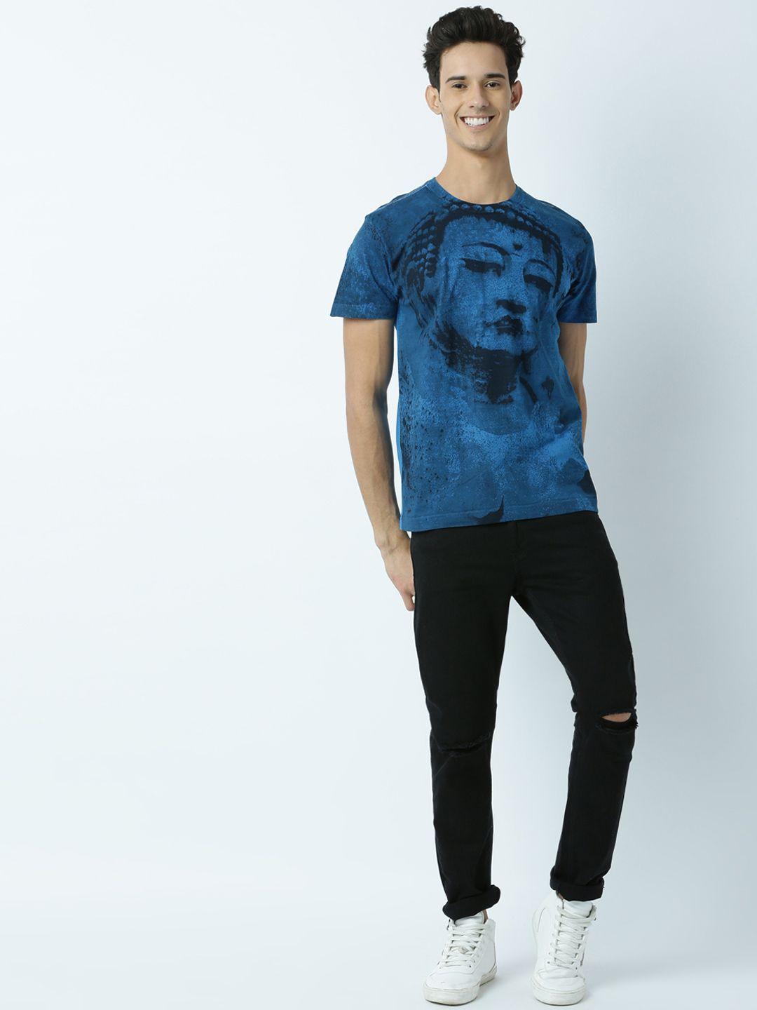 huetrap men blue printed round neck t-shirt