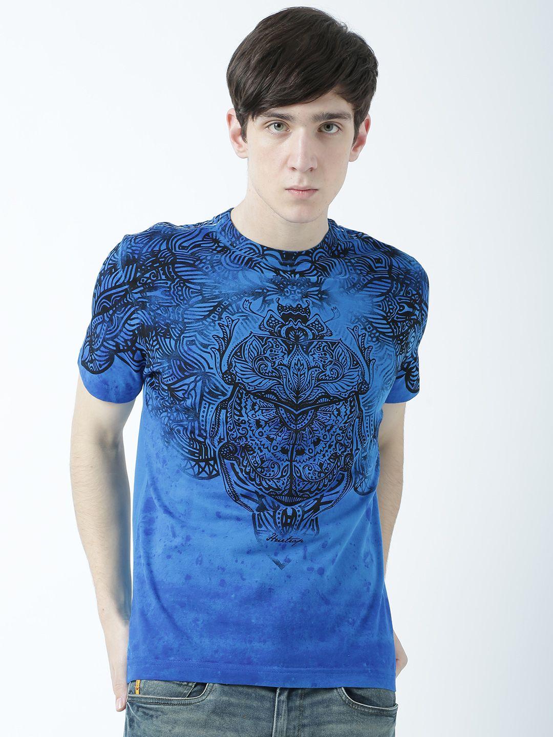 huetrap men blue printed round neck t-shirt