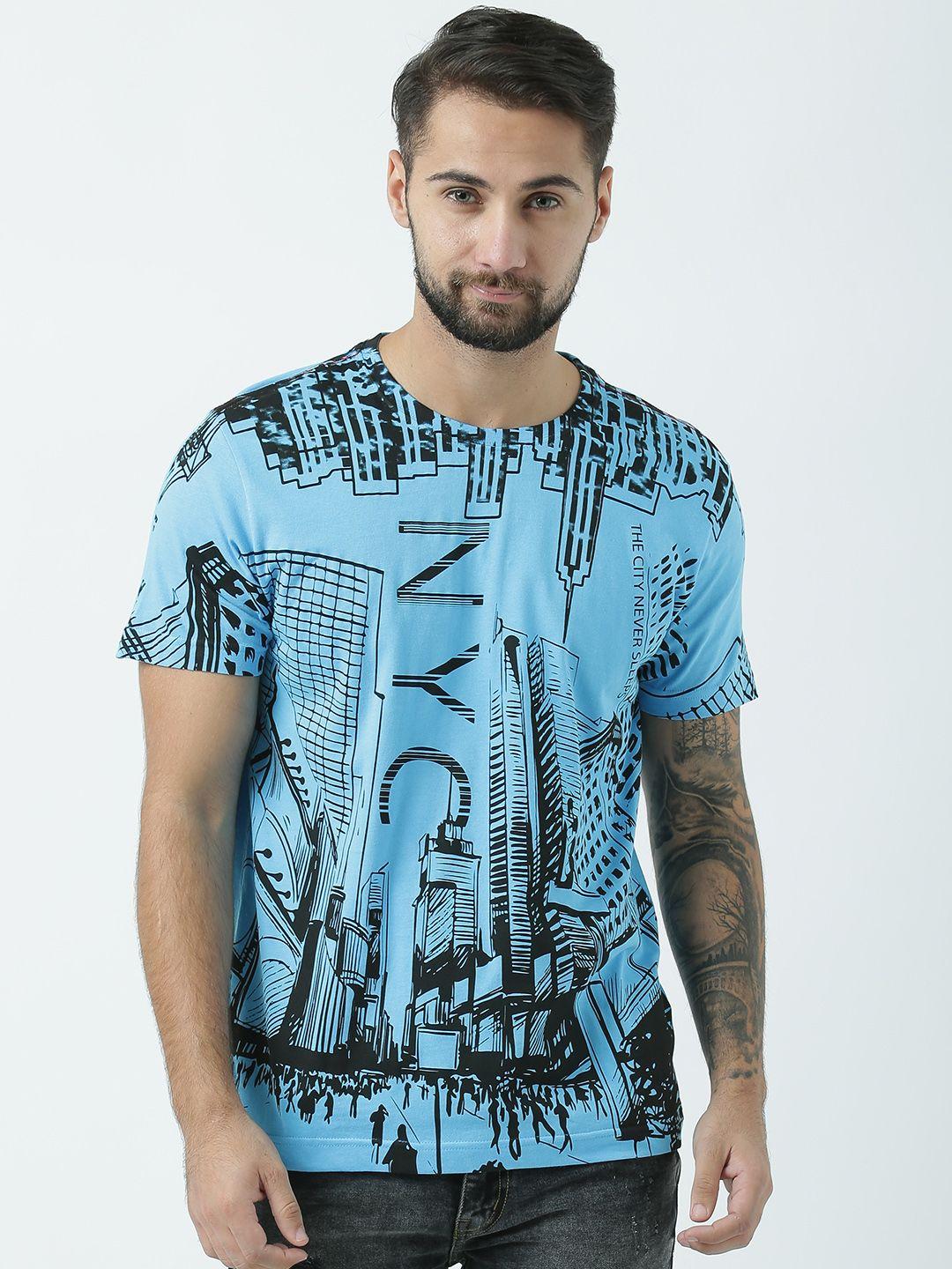 huetrap men blue printed round neck t-shirt