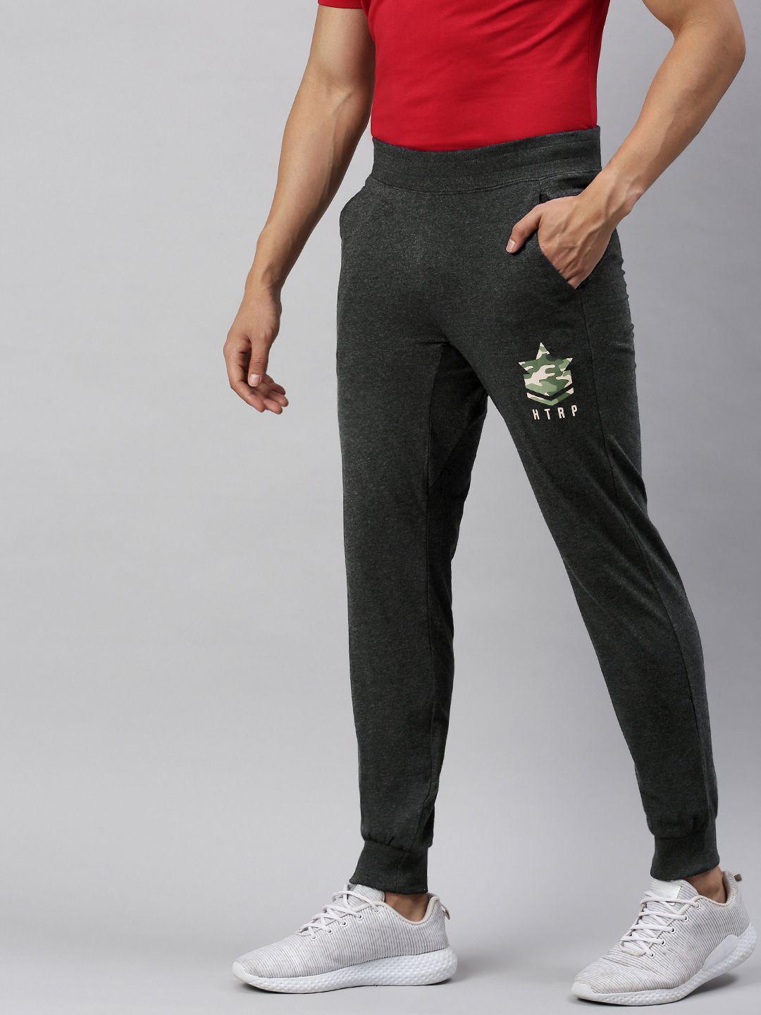 huetrap men charcoal grey solid straight-fit joggers sustainable with printed detail